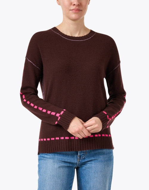 Chic Dash Brown 100% Cashmere Sweater with Pink Stitch Detailing