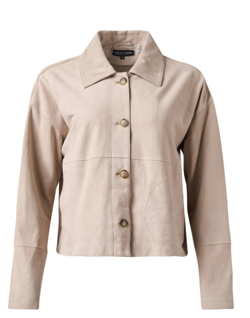 Stylish Beige Suede Hip - Length Relaxed - Fit Cashmere Jacket