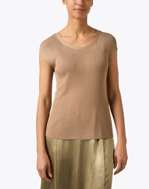 Stylish Tan Ribbed Knit Cap-Sleeve Top