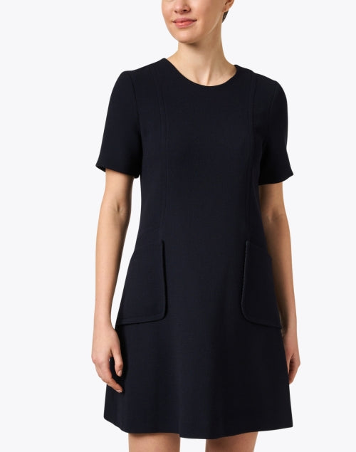 Navy Blue 100% Wool Crepe Pia Shift Dress with Front Patch Pockets