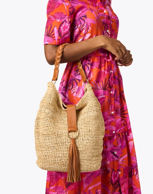 Laggo Sorrento Style Tan Raffia Shoulder Bag with Tassel and Braided Leather Handle