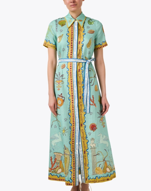 Stylish Linen Shirt Dress with Multi - colored Surrealist Prints