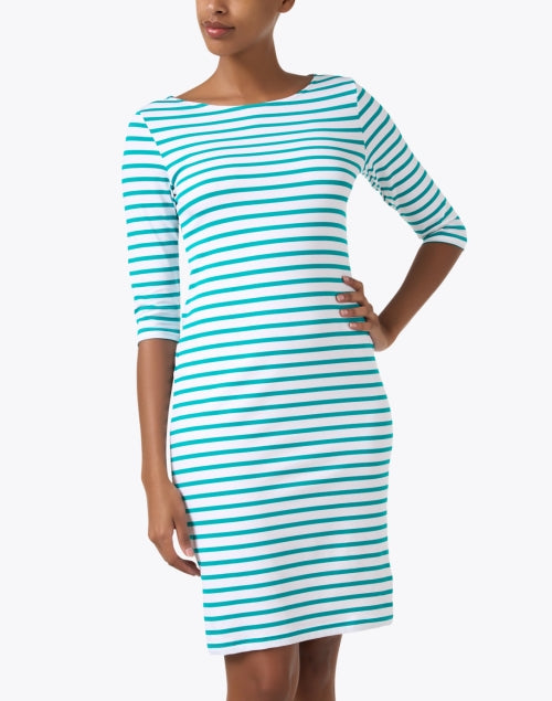 Stylish Saint James Green and White Horizontally Striped Stretch Dress