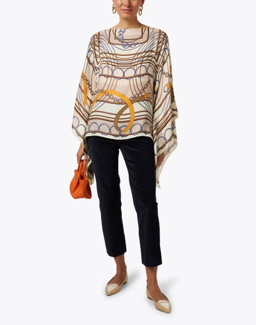 Elegant Beige Cashmere Silk Poncho with Equestrian Print