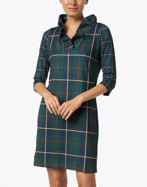 Stylish Green Checkered Ruffle Neck Women's Dress for Fashionable Outfits