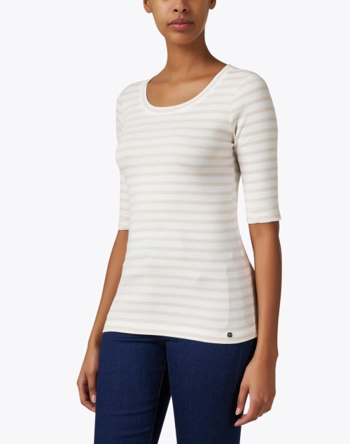 Marc Cain's Everyday Beige and White Striped Slim-Fit Round Neck Top