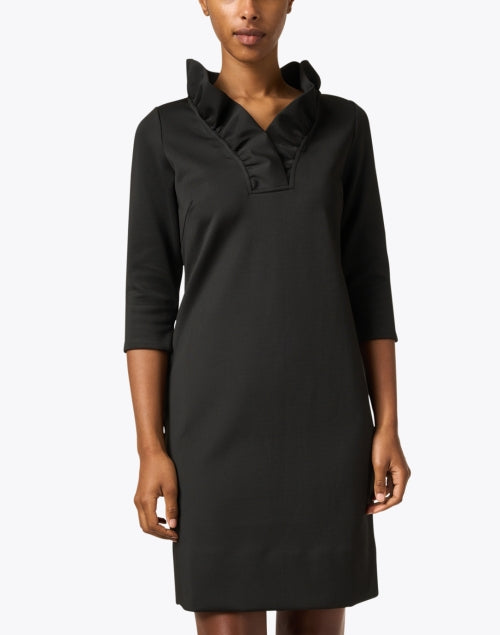 Stylish Black Dress with Ruffled V - Neck and Elbow - Length Sleeves