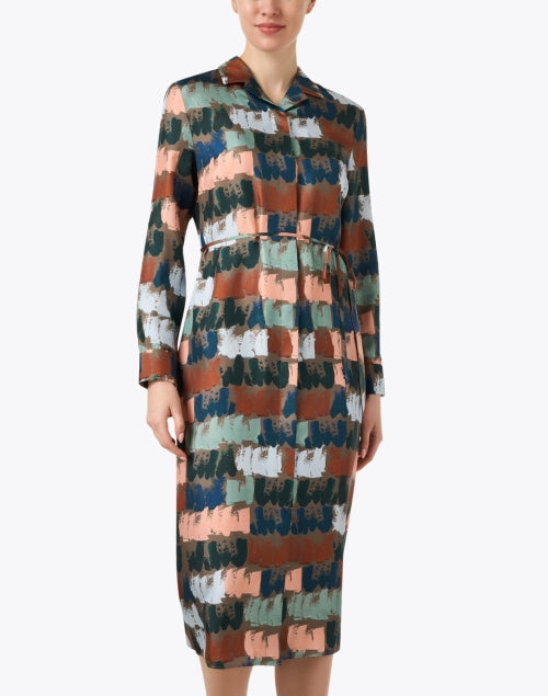 Multicolored Print Silk Midi Shirt Dress
