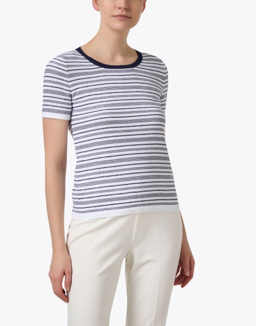 Podio Casual Women's White and Navy Striped Knit Cotton Blend Sequin Accented Top