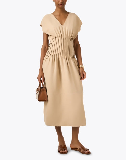 Elegant Beige Linen Blend Pleated Midi Dress