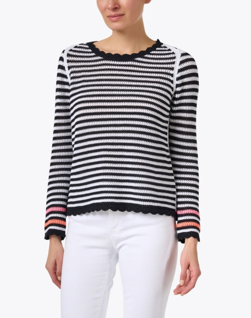 Stylish Black-and-White Striped 100% Cotton Sweater with Scallop Trim