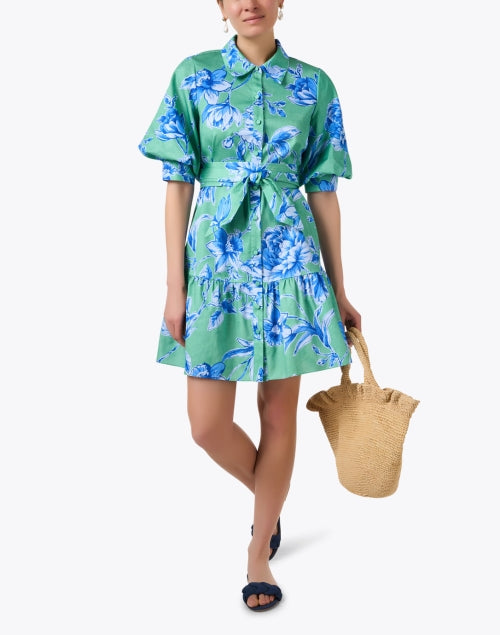 Georgie Green and Blue Floral Print 100% Cotton Shirt-Style Dress