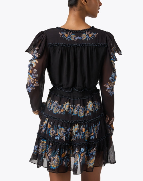 Stylish Black Dress with Floral Embroidery and Ruffle Details
