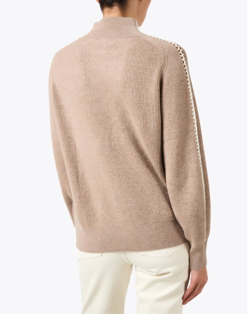 Stylish Taupe Wool - Cashmere Sweater with Sleeve Stripe Details