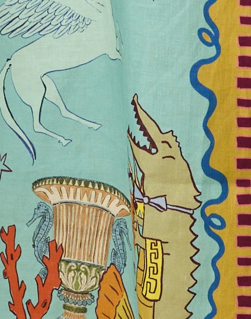 Stylish Linen Shirt Dress with Multi - colored Surrealist Prints