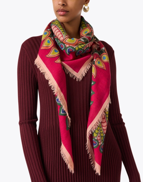Soft Pink Peacock Patterned Wool Scarf with Eyelash Fringe