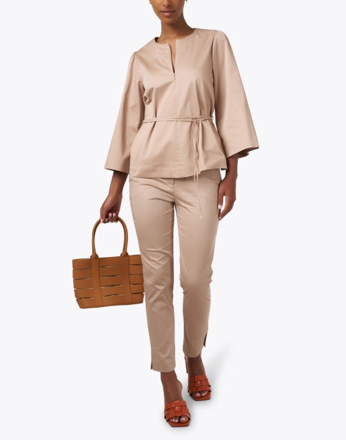 Beige Stretch Cotton Split Hem Straight Leg Pants for Effortless Style