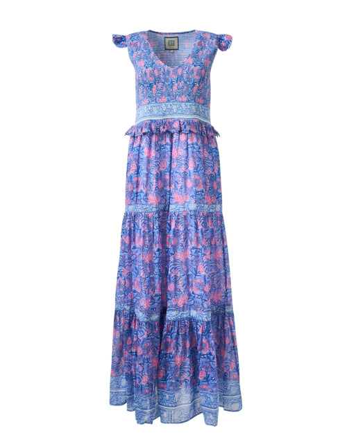 Stylish Carly Blue and Pink Floral Patterned Cotton-Silk Blend Women's Dress