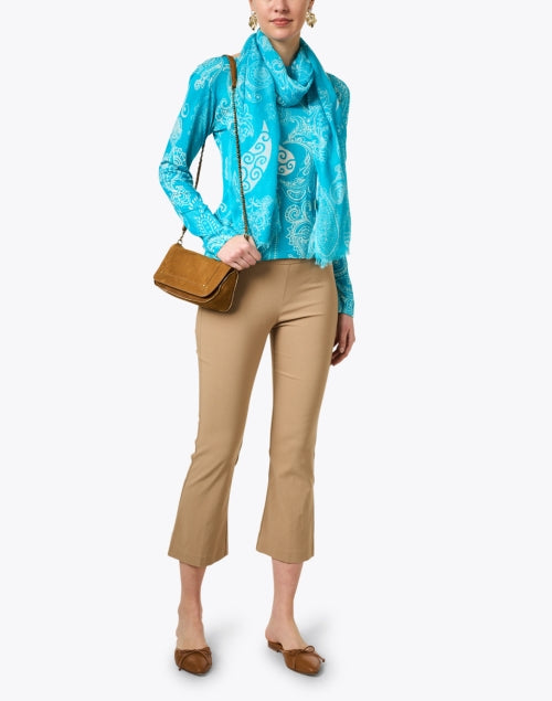 Exquisite Turquoise Paisley Patterned Cashmere-Silk Blend Women's Sweater
