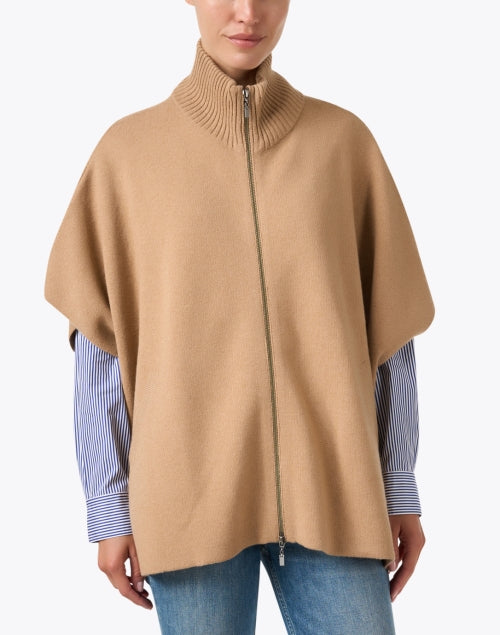 Soft Camel Wool Cashmere Zip-up Poncho for Casual Style