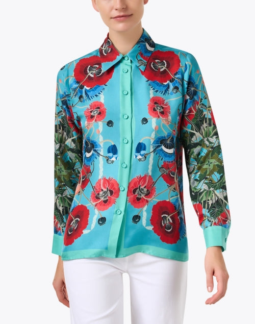Vibrant Blue and Red Printed 100% Silk Shirt by Franco Ferrari