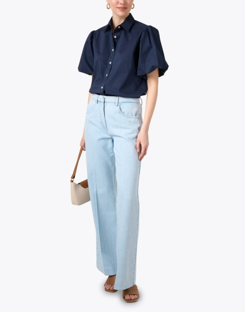 Navy Blue Angelina Puff Sleeve Women's Cotton Blend Blouse