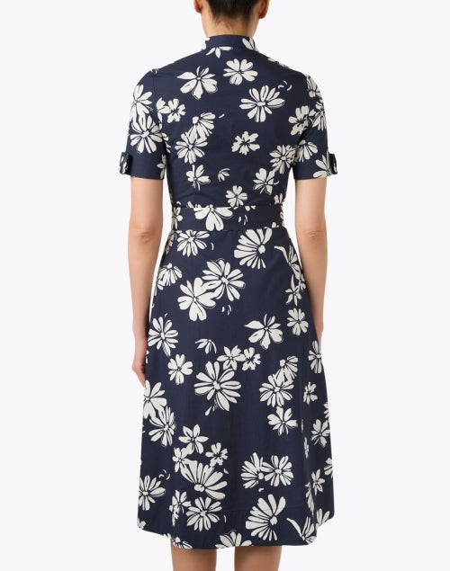 Navy Floral Print 100% Cotton A-Line Ricochet Dress with Self-Tie Belt