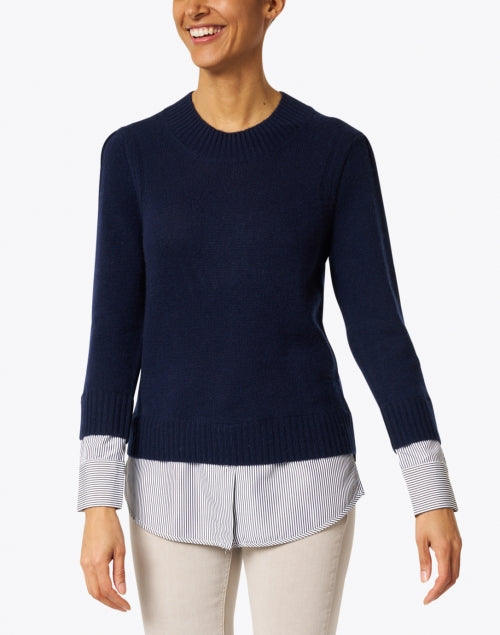 Eton Men's Navy Blue Wool and Cashmere Blend Sweater with Blue Striped Cotton - Poplin Underlayer