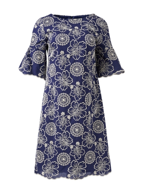 Navy Blue Floral Pattern Embroidered Women's Dress