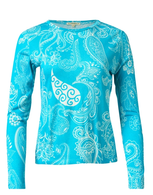 Exquisite Turquoise Paisley Patterned Cashmere-Silk Blend Women's Sweater