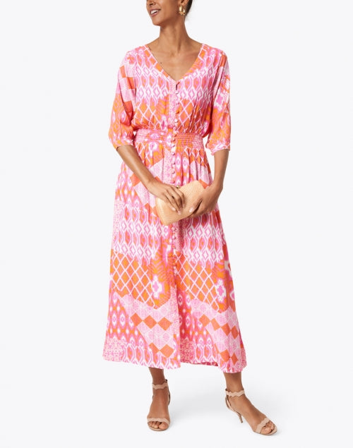 Kelsey Women's Flamingo Pink Printed Shirt Dress for Coastal Getaways