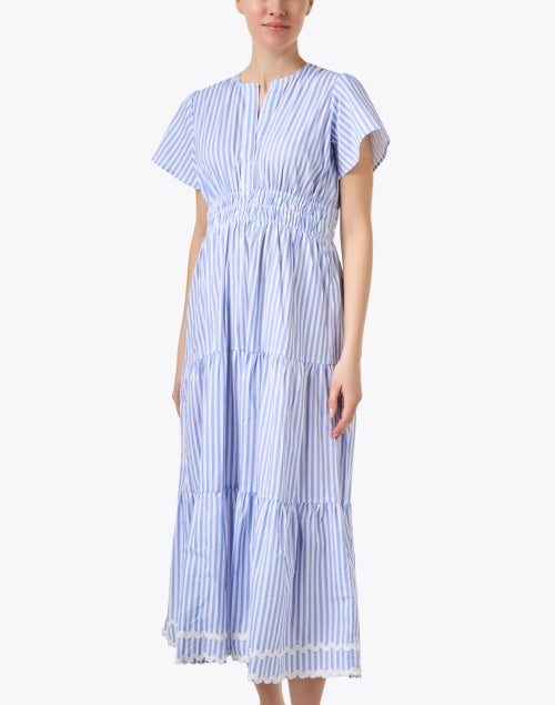 Stylish Blue and White Striped Women's Midi Cotton Dress for Getaways