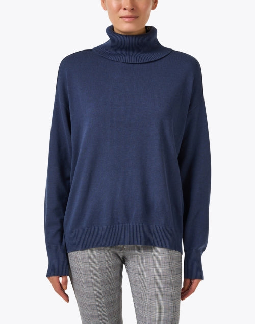 Stylish Navy Cotton - Blend Turtleneck Sweater with Button Detail