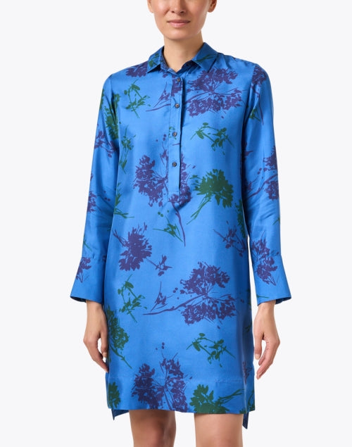 Stylish Blue Silk Dress with Floral Pattern