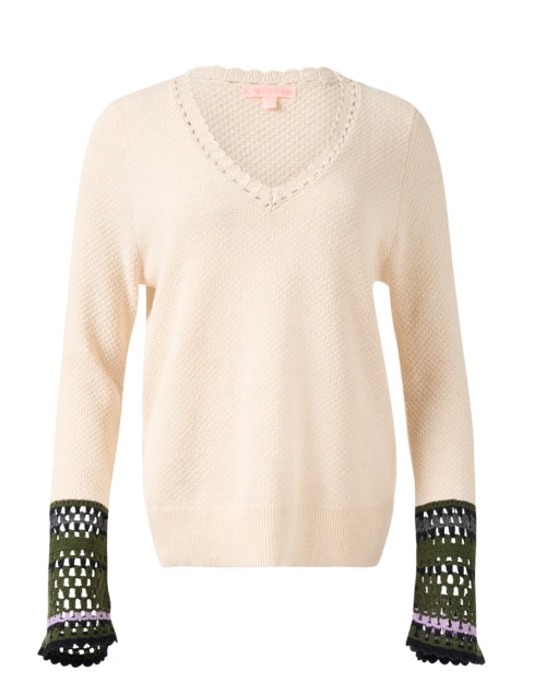 Cream-colored Knit Sweater with Playful Crocheted Cuff Links