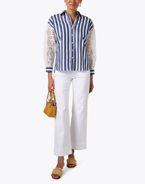 Stylish Vernen Blue and White Striped Blouse with Lace Balloon Sleeves