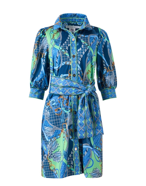 Stylish Blue Shirt Dress with Multi - Print Design