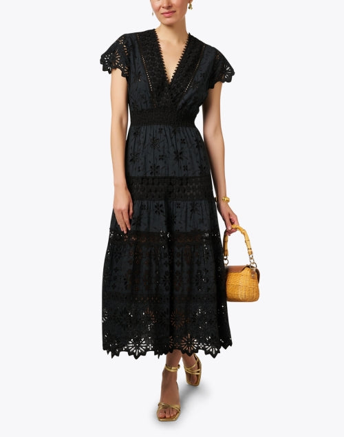 Stylish Black Cotton Eyelet Embroidered Women's Dress
