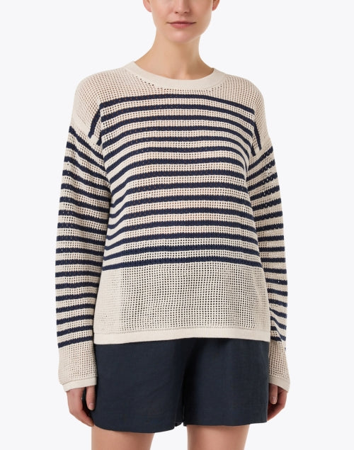Ivory-Colored Striped Cotton Blend Waffle Knit Fashion Sweater for Transitional Weather