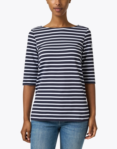 Fashionable Navy and White Striped Meryl UV-Protected Shirt