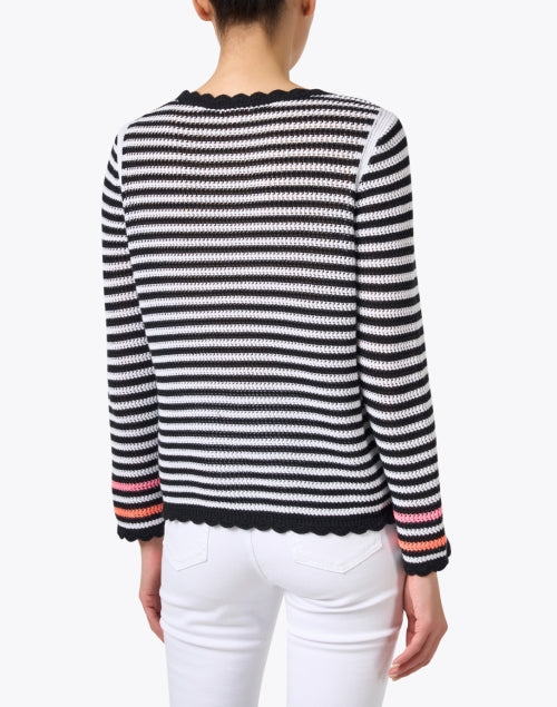 Stylish Black-and-White Striped 100% Cotton Sweater with Scallop Trim