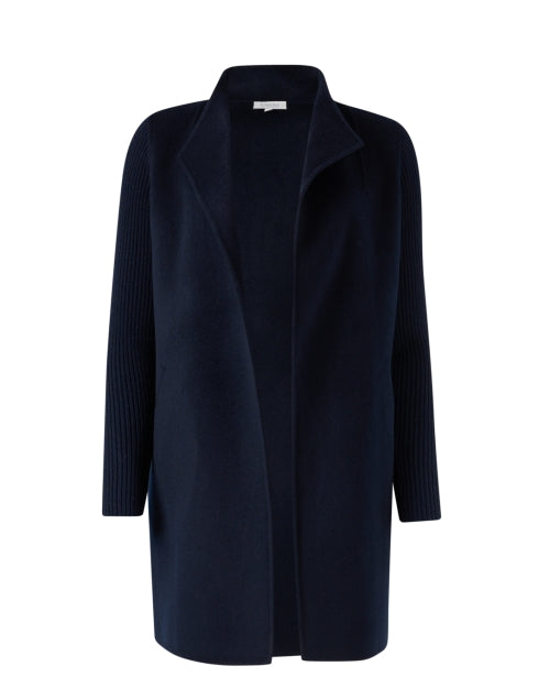 Stylish Navy Wool and Cashmere Blend Open - Front Coat