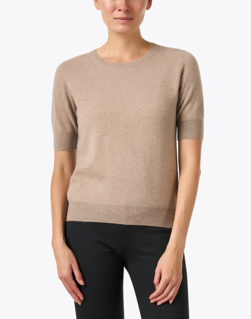 Stylish Taupe Women's Short Sleeve Cashmere Sweater for Fall Layering