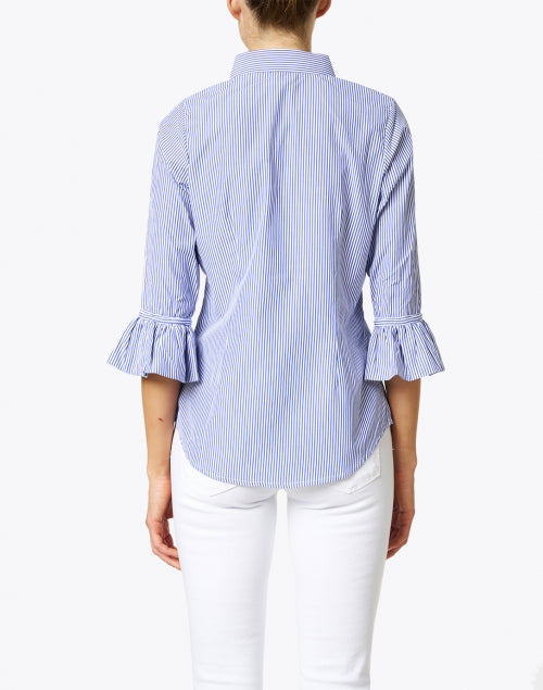 Navy and White Striped Cotton Blend Button - Down Women's Top for Everyday Wear