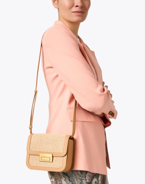 New Season Tan Leather and Woven Straw Detailing Desi Crossbody Bag
