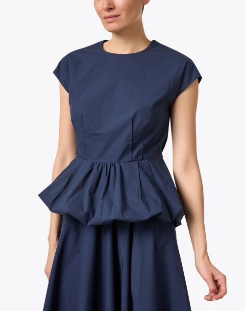 Navy Crisp Cotton Poplin Peplum Top with Bubble Ruffle Hem