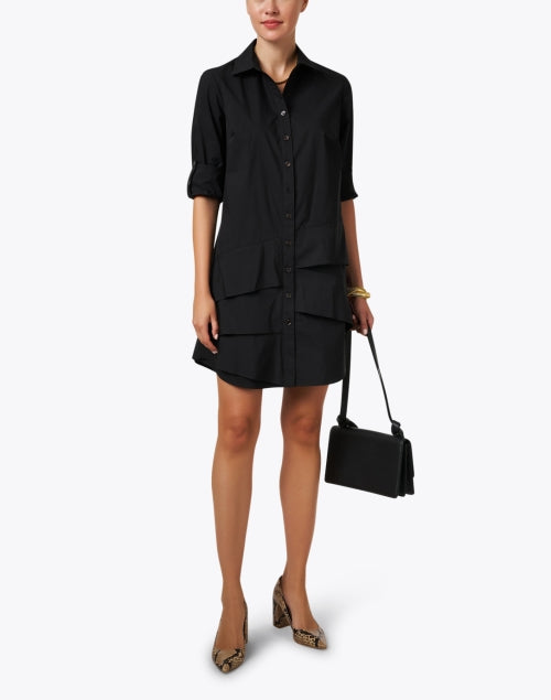 Jenna's Crisp Cotton Asymmetrical Tiered Black Shirt Dress