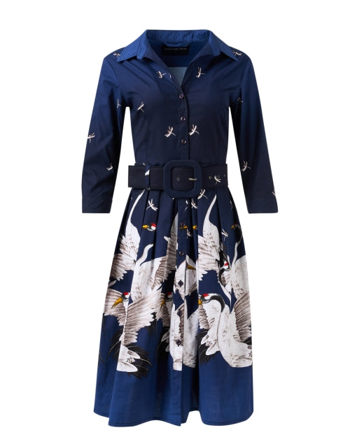Audrey Navy Blue Crane Patterned Cotton Stretch Women's Shirt Dress