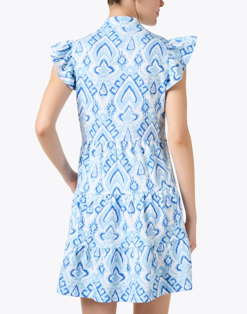 Stylish Blue Ikat Pattern Cotton Mini Tiered Tunic Dress