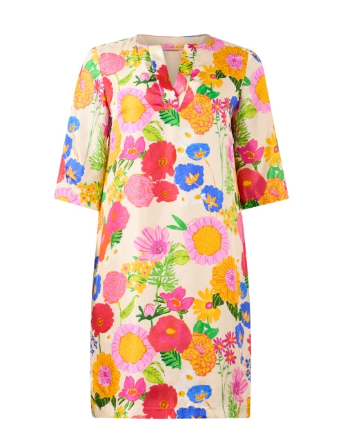 Lizete Elegant Yellow Silk Floral Print Shift Dress
